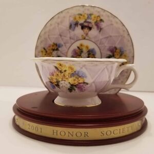 Avon Exclusive 2001 Honor Society Floral Tea Cup, Saucer & Stand